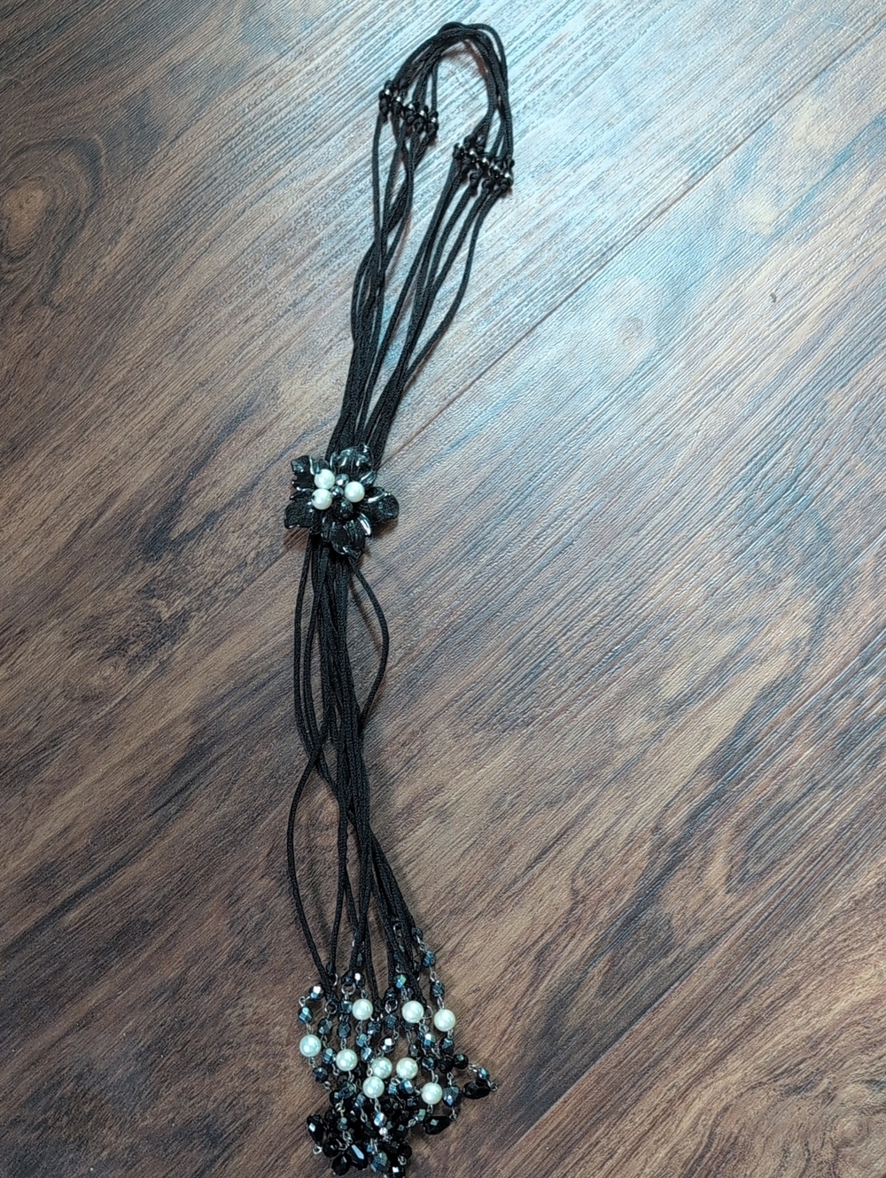Anne Fontaine Black Multi-Strand Necklace with Pearl & Crystal Flower